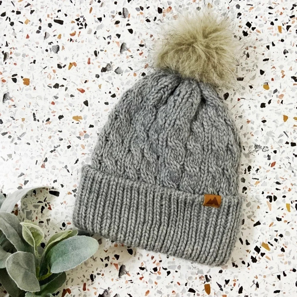 H&M Cable Knit Beanie Cotton Hat Pom Pom Faux Fur Grey Hat Rib-knit Winter Fall